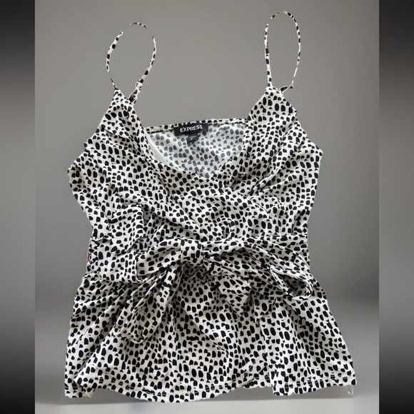 Express Tops - Express Womens Black/White Polka Dot Wrap Peplum Cinched Tank Top Blouse‎ Size S